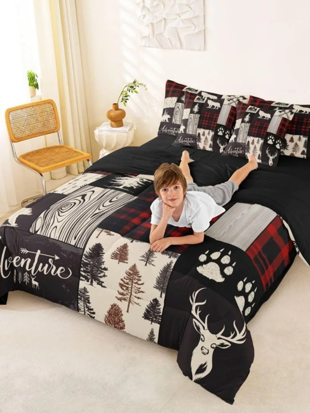 Retro Cabin Lodge Bed In A Bag Queen Wolf Plaid Patchwork Comforter Set With She